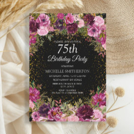 Paarse roze Floral Glitter Black 75th Birthday Kaart