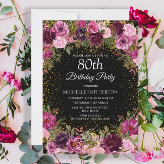 Paarse roze Floral Glitter Black 80th Birthday Kaart