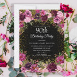 Paarse roze Floral Glitter Black 90th Birthday Kaart<br><div class="desc">Elegant en romantisch roze en paarse waterverf  rozen/florale en foliage op de zwarte 90e verjaardagsfeestdag met gouden glitter. Gepersonaliseerd met de naam van de gast op erewoord.</div>