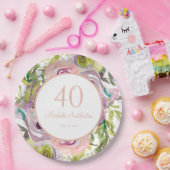 Paarse roze Floral Gold Glitter 40e verjaardag Papieren Bordje (Feest)