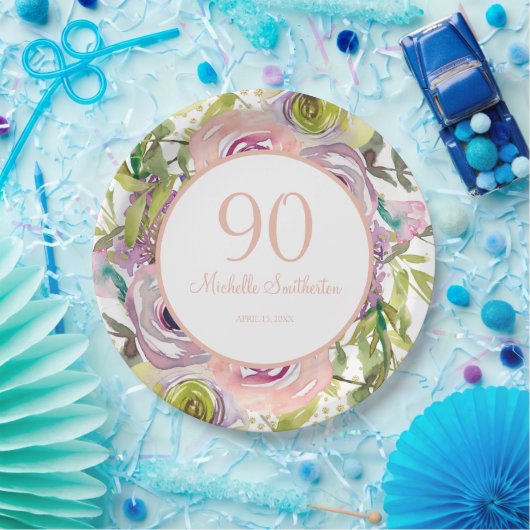 Paarse roze Floral Gold Glitter 90th Birthday Papieren Bordje (Feest)