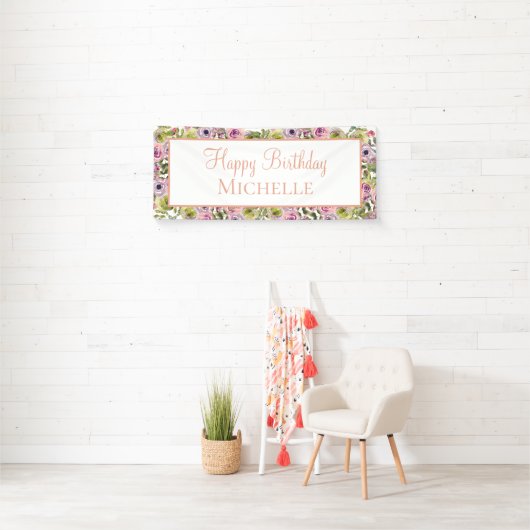 Paarse roze Floral Happy Birthday Spandoek (Insitu)