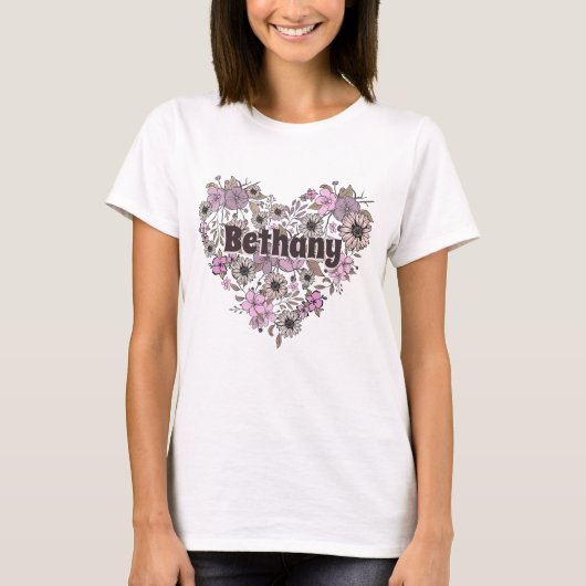 Paarse roze Floral Heart Girly Feminine Name T-shirt (Voorkant)