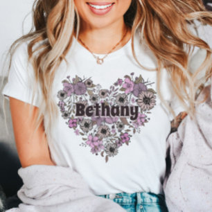 Paarse roze Floral Heart Girly Feminine Name T-shirt