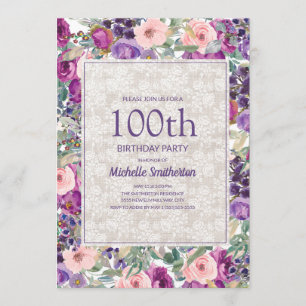 Paarse Roze Floral Lace 100th Birthday Kaart