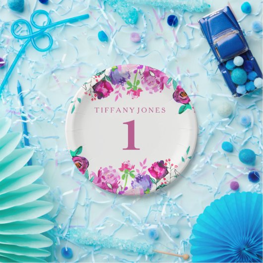 Paarse roze Floral-meisje 1e verjaardag Bord (Feest)