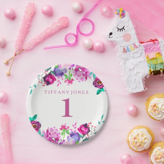 Paarse roze Floral-meisje 1e verjaardag Bord (Feest)