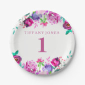 Paarse roze Floral-meisje 1e verjaardag Bord (Voorkant)