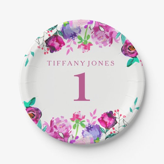 Paarse roze Floral-meisje 1e verjaardag Bord (Voorkant)