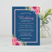Paarse roze Floral Navy Blue Wedding Celebration Kaart (Staand voorkant)