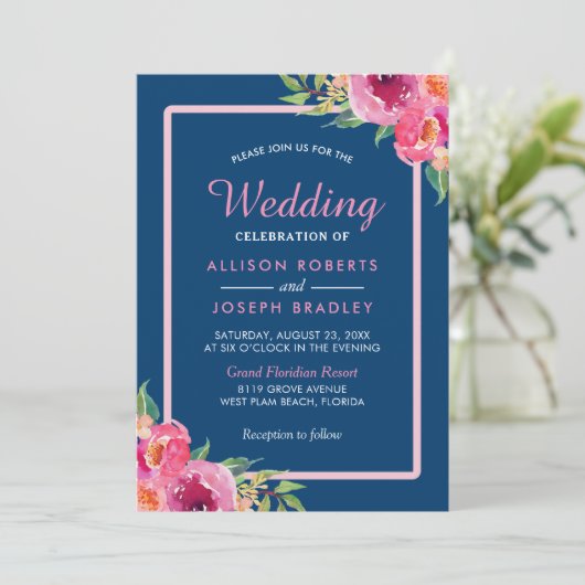 Paarse roze Floral Navy Blue Wedding Celebration Kaart (Staand voorkant)