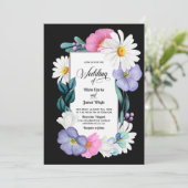 Paarse roze Floral op het zwarte huwelijk Kaart (Staand voorkant)