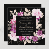 Paarse roze Floral op zwarte achtergrond bruiloft Kaart (Voorkant / Achterkant)
