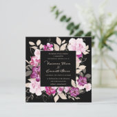 Paarse roze Floral op zwarte achtergrond bruiloft Kaart (Staand voorkant)