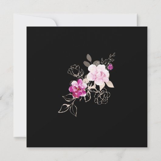 Paarse roze Floral op zwarte achtergrond bruiloft Kaart (Achterkant)