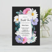 Paarse roze Floral op zwarte bruidthee Kaart (Staand voorkant)