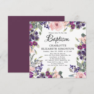 Paarse roze Floral Square Christening Kaart