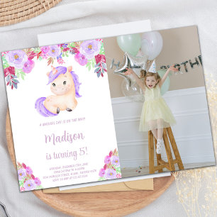 Paarse roze Floral Unicorn Birthday foto Kaart