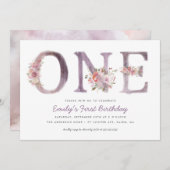 Paarse roze Floral Waterverf 1e verjaardag Kaart (Voorkant / Achterkant)