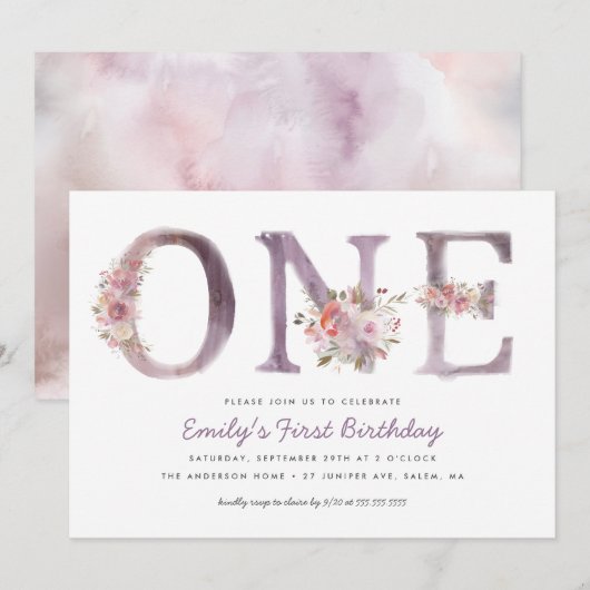 Paarse roze Floral Waterverf 1e verjaardag Kaart (Voorkant / Achterkant)