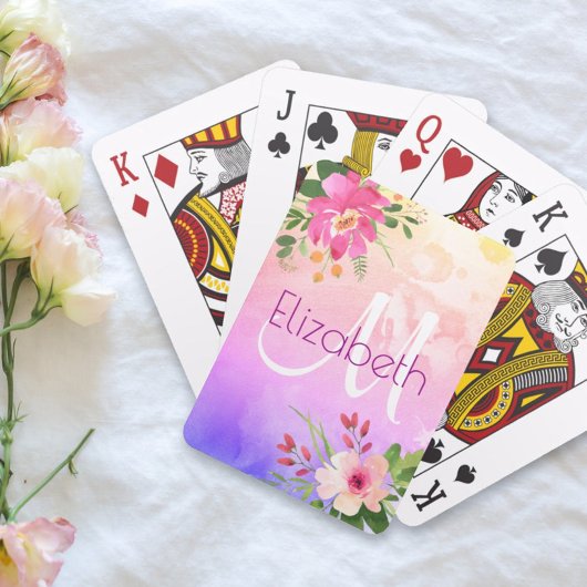 Paarse roze Floral Waterverf Grafisch modern Monog Pokerkaarten