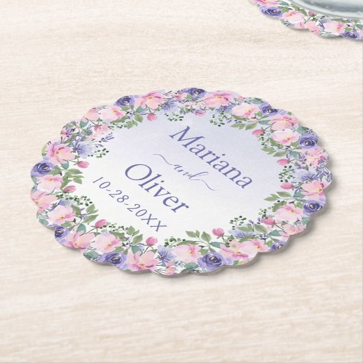 Paarse roze Floral Wedding Kartonnen Onderzetters (Gekanteld)