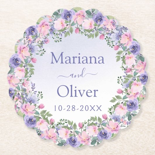 Paarse roze Floral Wedding Kartonnen Onderzetters (Voorkant)