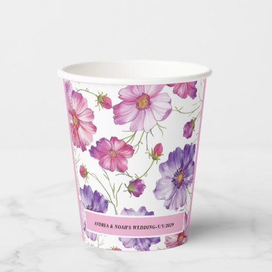 Paarse roze Floral Wedding Papieren Bekers (Voorkant)
