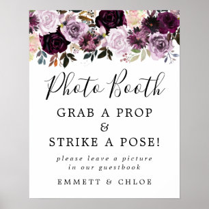 Paarse roze Floral Weduwschap Foto Booth Sign Poster