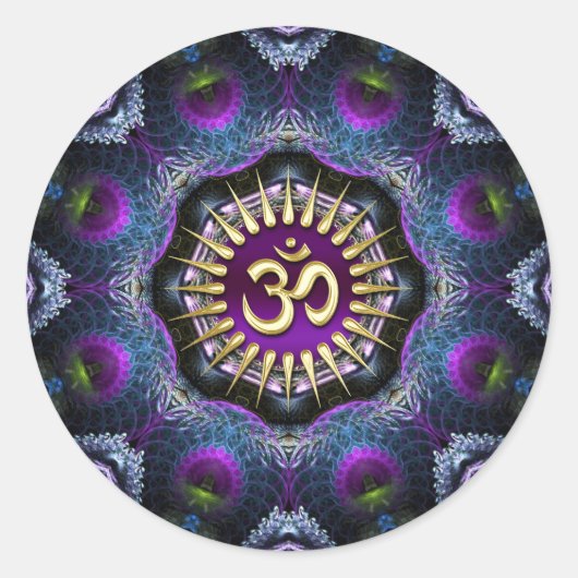 Paarse Roze Fractals OM Shield Art Ronde Sticker (Voorkant)