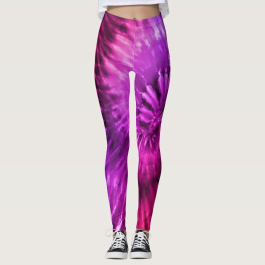 Paarse roze Fuchsia Psychedelic Starburst Tie Dye Leggings (Voorkant)