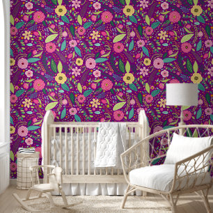 Paarse roze gele groene bloemschil en stick behang