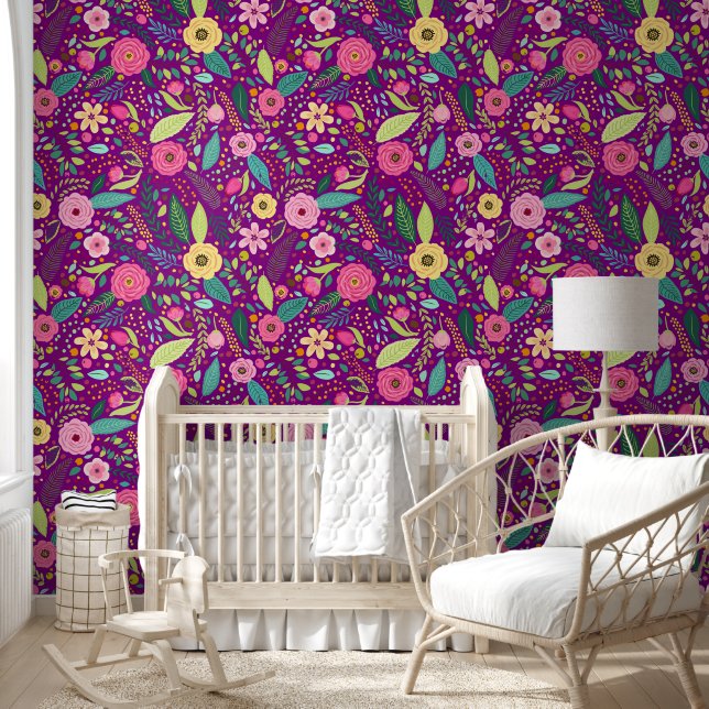 Paarse roze gele groene bloemschil en stick behang (Kinderen)