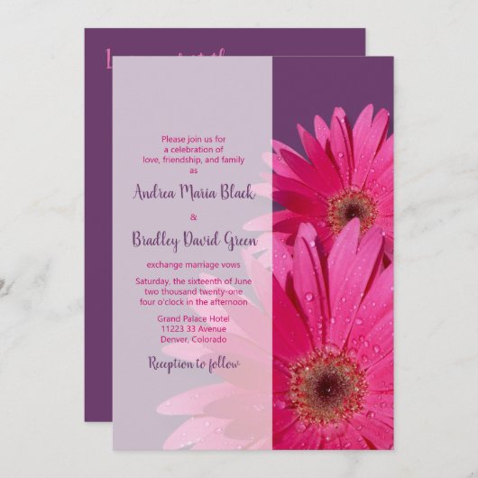 Paarse roze Gerbera Daisy Wedding Invitation Kaart (Voorkant / Achterkant)