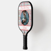 Paarse Roze Geruit & banners met naam/fase Pickleball Paddle (Links)