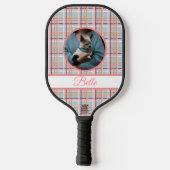 Paarse Roze Geruit & banners met naam/fase Pickleball Paddle (Achterkant)