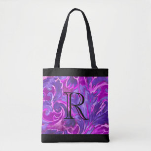 Paarse Roze Geschilderd Damast Patroon met Monogra Tote Bag