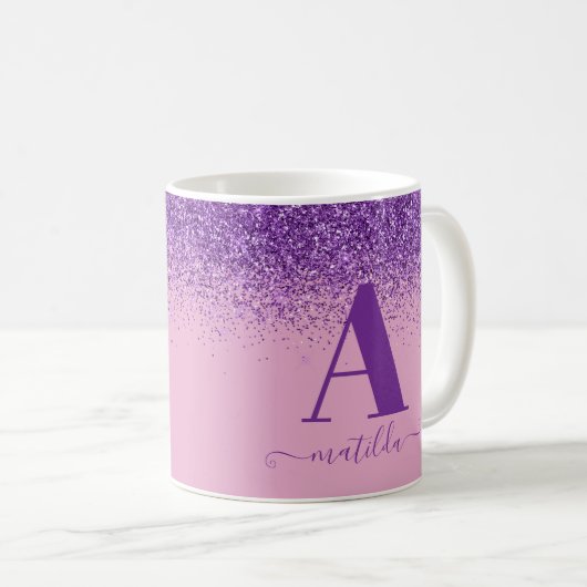 Paarse Roze Girly Modern Glitter Sparkle Monogram Koffiemok (Voorkant rechts)
