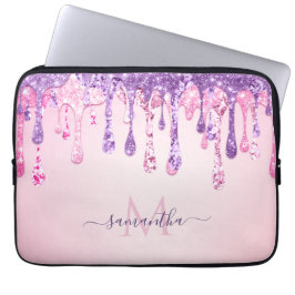 Paarse roze glam Glitter Dripping Monogramnaam Laptop Sleeve
