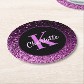 Paarse roze glinsterende monogramnaam ronde kartonnen onderzetter (Gebogen)