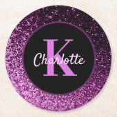 Paarse roze glinsterende monogramnaam ronde kartonnen onderzetter (Voorkant)
