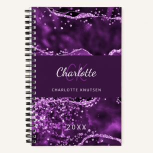 Paarse roze glitter agate marmer monogram notitieboek