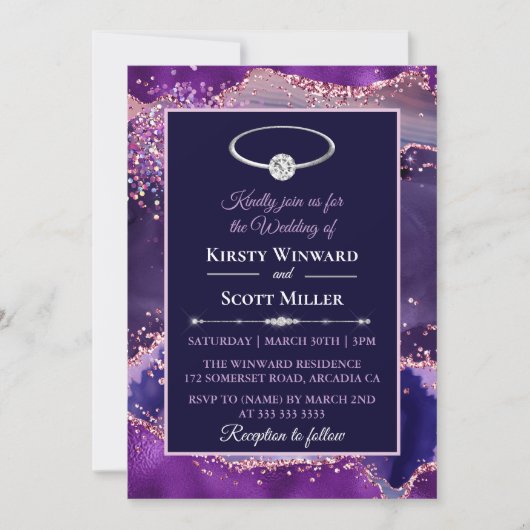 Paarse Roze Glitter Agate Trouwfeest Kaart (Voorkant)