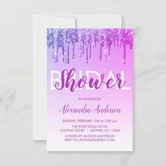 Paarse Roze Glitter Bruidsfeest Kaart (Voorkant)