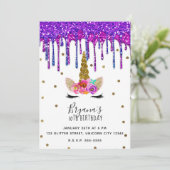 Paarse & Roze Glitter Drip Eenhoorn Verjaardagsfee Kaart (Staand voorkant)