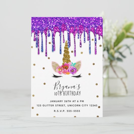 Paarse & Roze Glitter Drip Eenhoorn Verjaardagsfee Kaart (Staand voorkant)