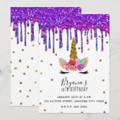 Paarse & Roze Glitter Drip Eenhoorn Verjaardagsfee Kaart (Voorkant / Achterkant)