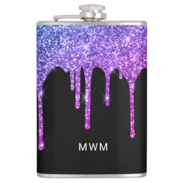 Paarse Roze Glitter Druppels Glans Monogram Heupfles