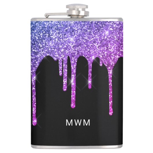 Paarse Roze Glitter Druppels Glans Monogram Heupfles (Voorkant)