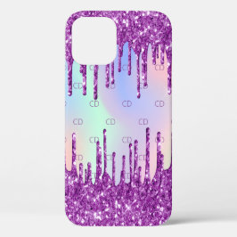 Paarse roze glitter druppelt holografisch monogram Case-Mate iPhone case